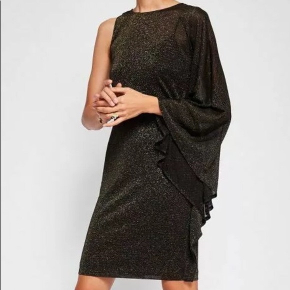 Robe Cocktail Ted Baker Monyca - Drapée Une épaule, Noir Métallisé - Neuve Avec étiquette